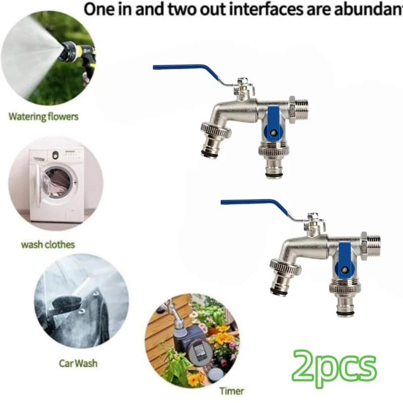 2Pcs Zinc Alloy Double Outlet Water Tap G1/2 G3/4 Thread One In Two Out Faucet for Washing Machine Garden Hose Quick Connect