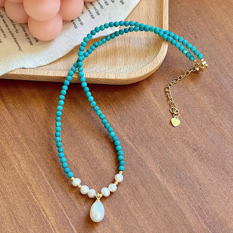 Vintage Necklace with Natural Freshwater Pearl Turquoise Beaded Locking Collar Women's Jewelry Summer Bikinis Accessories Choker