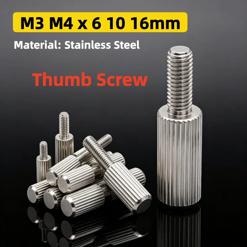 5-20Pcs M3 M4 Long Handle Knurled Thumb Screws Stainless Steel Small Head Straight Knurl Cylindrical Hand Screw Bolt 6/10/16mm
