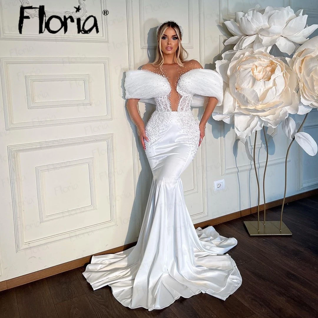 Elegante vestido de cetim com pérolas, vestido sereia artesanal, personalizado, fora do ombro, cristais brilhantes, vestidos de baile, Dubai, sereia