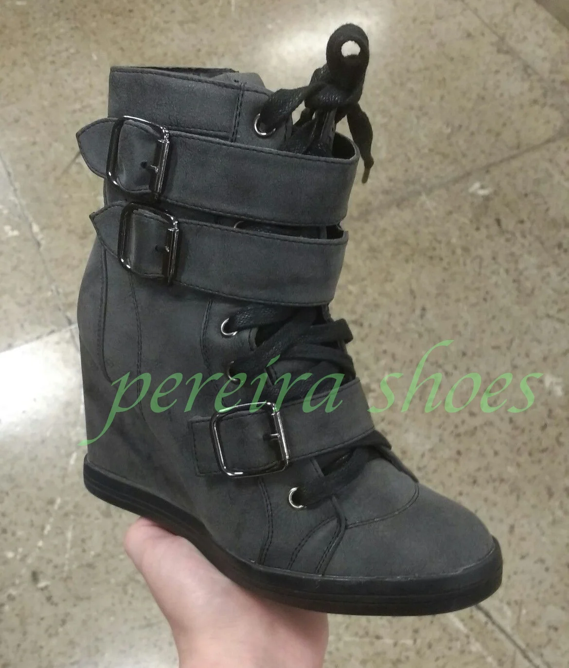 Grey Distressed Faux Triple Buckle Strap Wedge High Booties Lace Up Round Toe Y2K Punk Streetwear Women Wedge Sneaker Ankle Boot