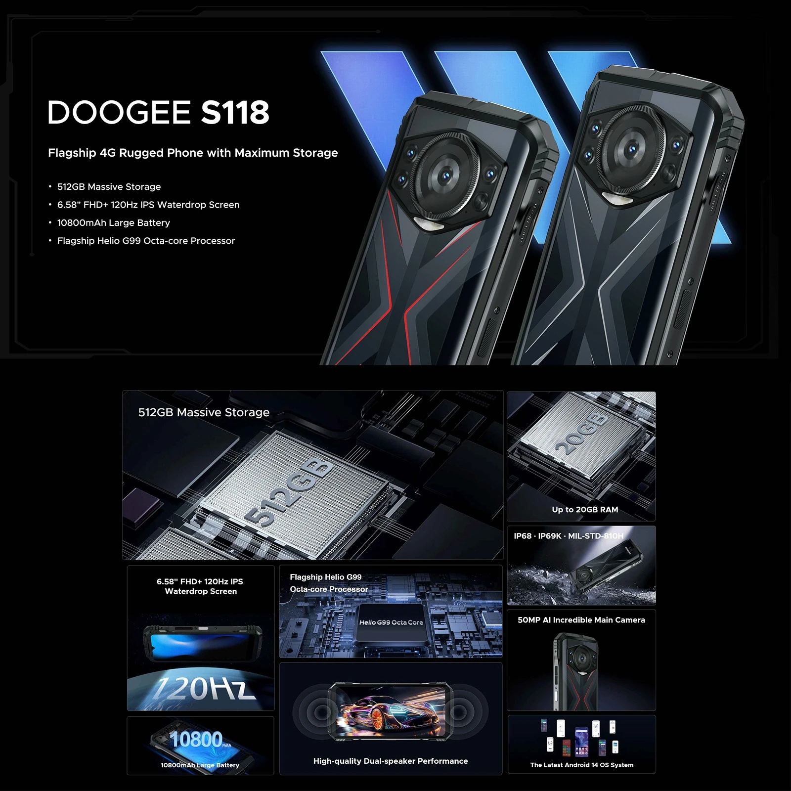 DOOGEE S118 Rugged Phone 8GB+512GB 50MP Camera 10800mAh 33W Charging 6.58'' Android 14 MediaTek Helio G99 4G NFC Smartphone