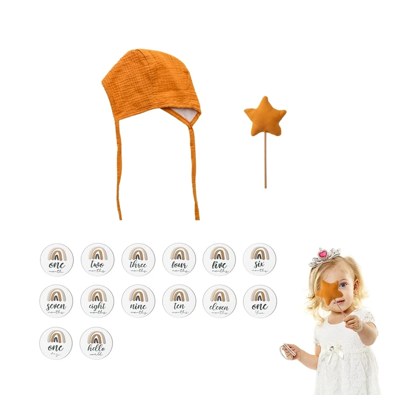 

Baby Photography Acrylic Memorial Monthly Milestone Cards Set Cotton Star Wooden Magic Stick Newborn Hat Photography Props