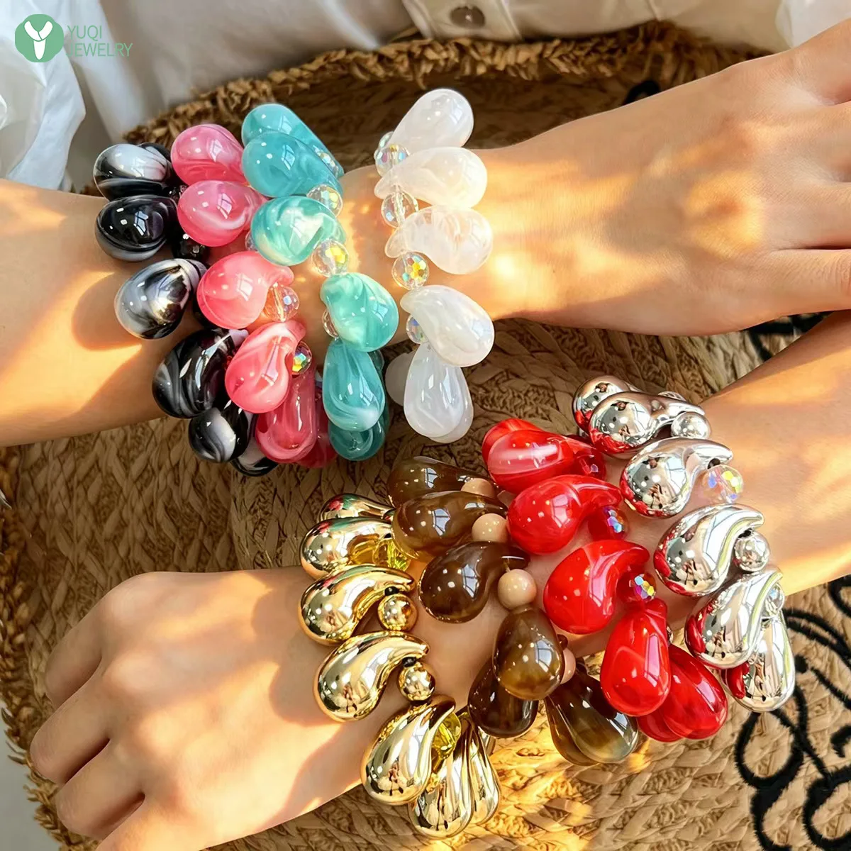 Dopamine Boho Vacation Chunky Teardrop Beaded Bracelet Glossy Marbled Resin Elastic Bangle ummer Vacation Women Wrist Jewelry