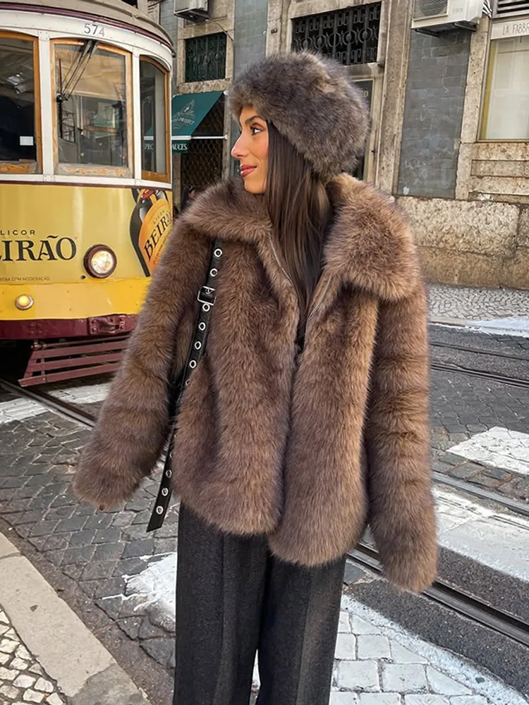 

Solid Lapel Short Women Faux Fur Jacket Fashion Long Sleeve Fluffy Loose Cardigan Coat Winter Lady Thicken Warm Street Outerwear