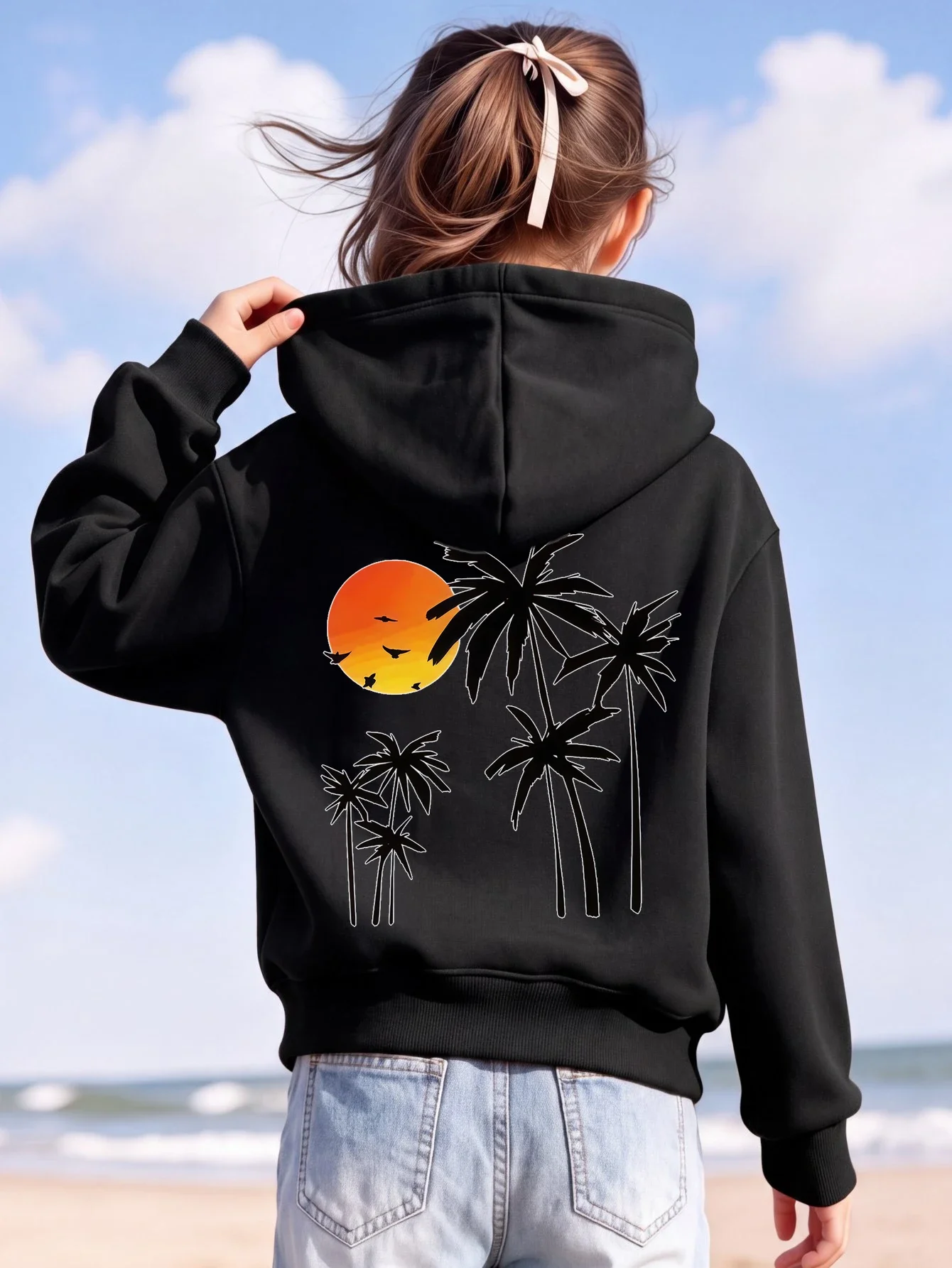 Girls' Hooded Sweatshirt with Coconut Tree Sunset Unique Pattern Print Outdoor Casual Theme Autumn/Winter Fashion Holiday Gift