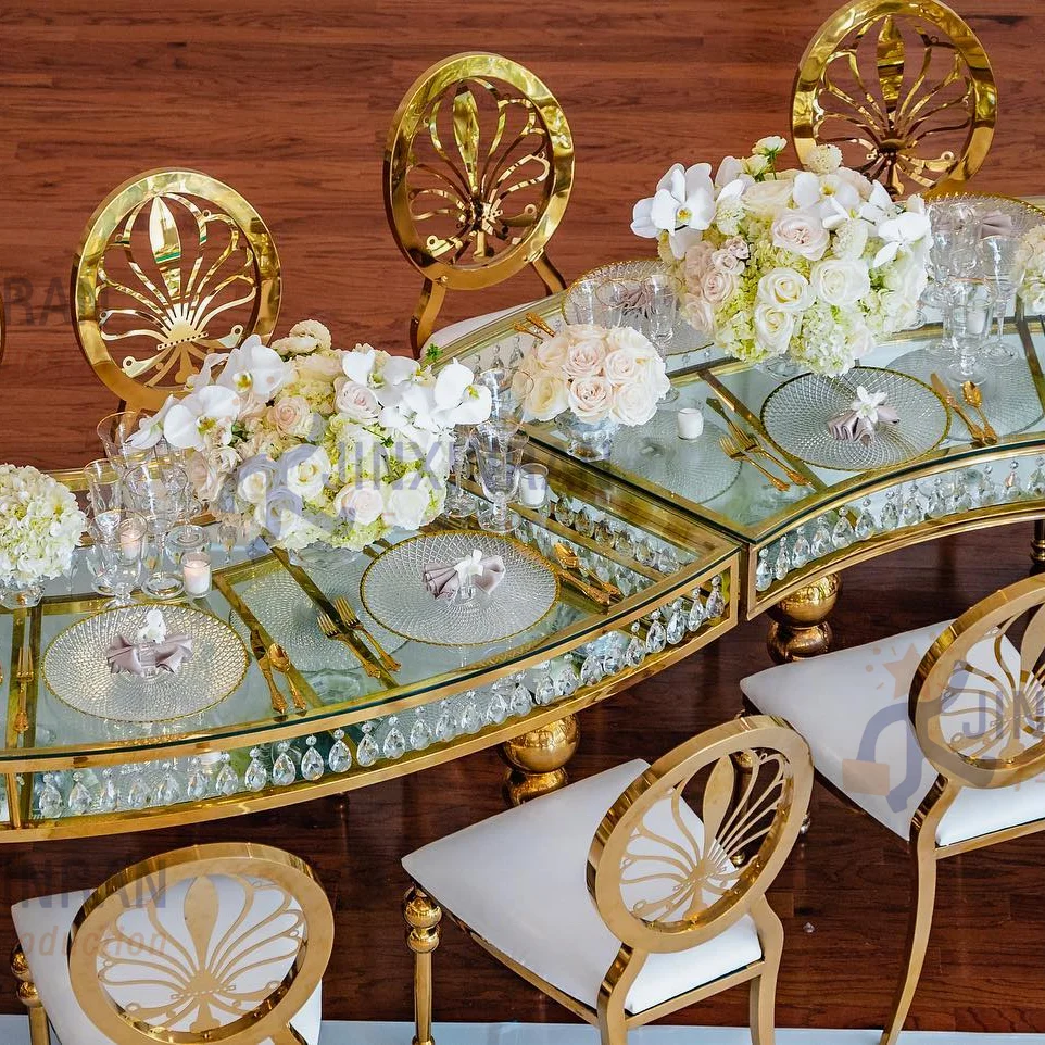 Modern Luxury Royal Event Stainless Steel Banquet Table Glass Top Serpentine Wedding Table
