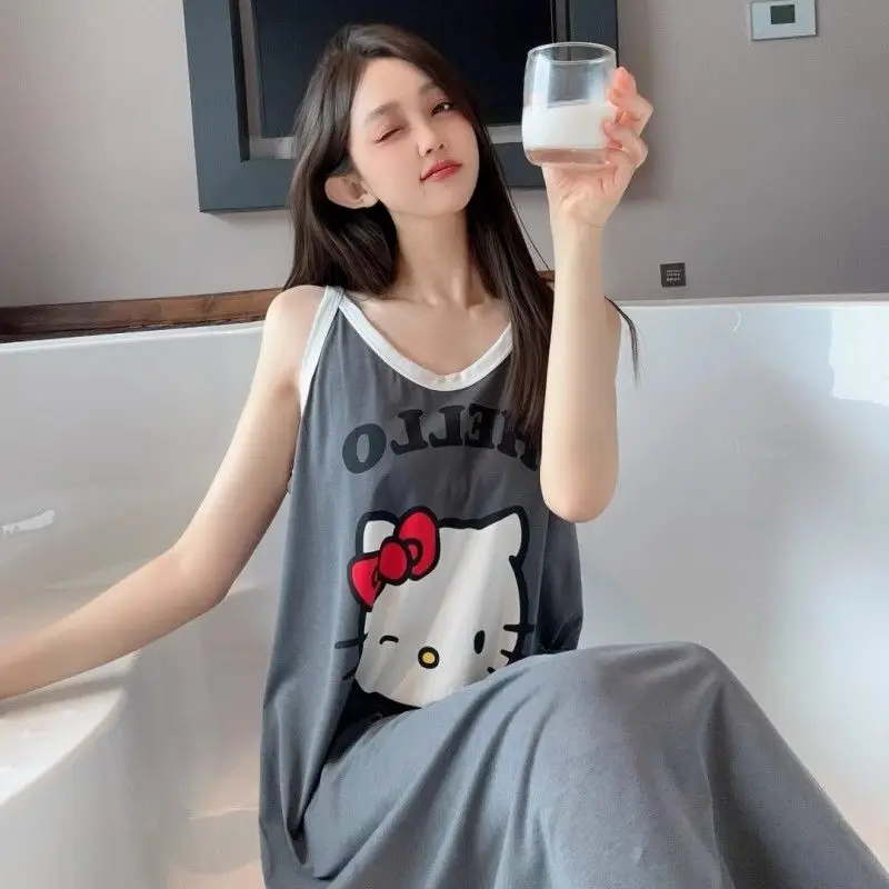 Hello Kitty Sanrio Dress Sleeveless Summer Y2K Causual Home Loose Dress Kawaii Cartoon Nightgown Pajamas Cute Comforts Homewear