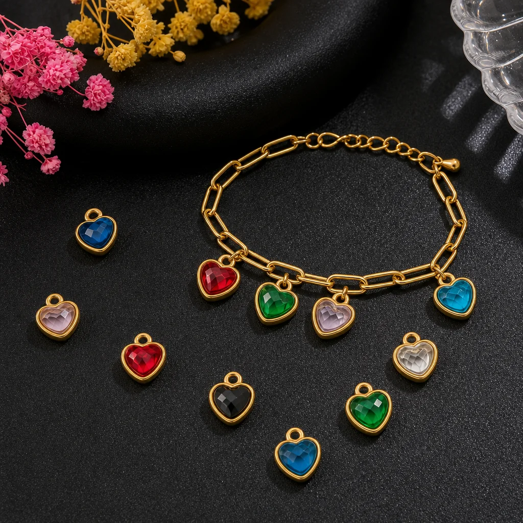 5 Stück Edelstahl-Herzanhänger, goldene Kristallanhänger für DIY-Schmuck, Halsketten, Armbänder, Bastelzubehör, Zubehör für die Herstellung von Schmuck. – Detail 1