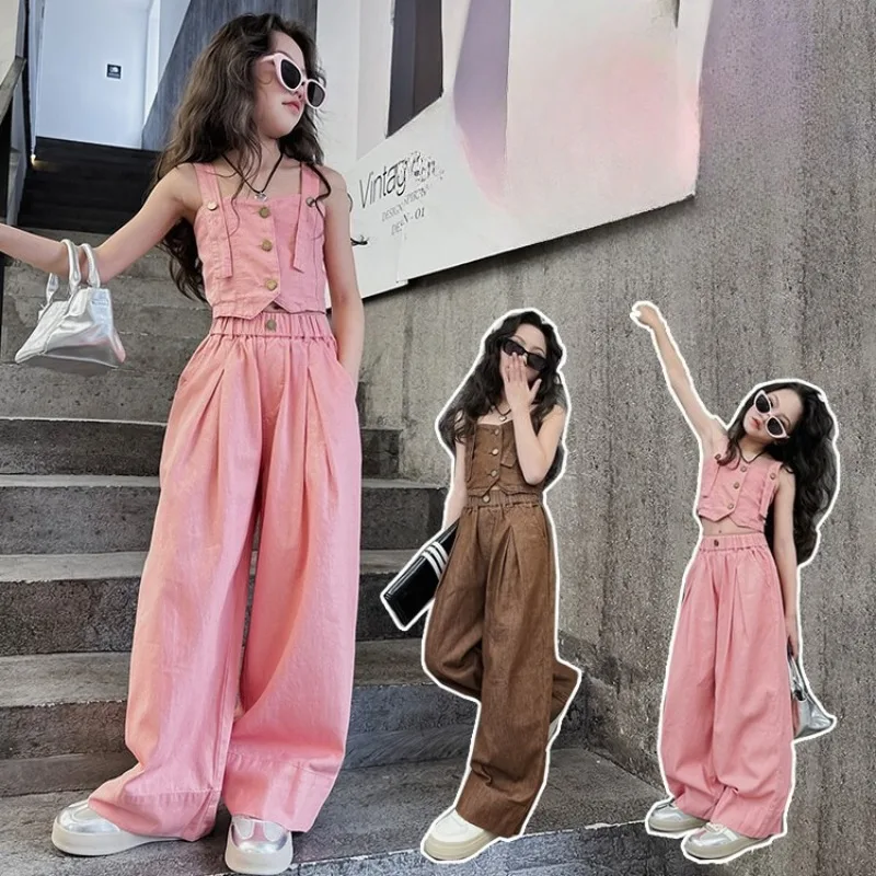 

Children's Clothing Girls' Denim Suit Summer Wear Junior Girls Camisole Vest Loose Straight Leg Pants Two Piece Set 2025 New