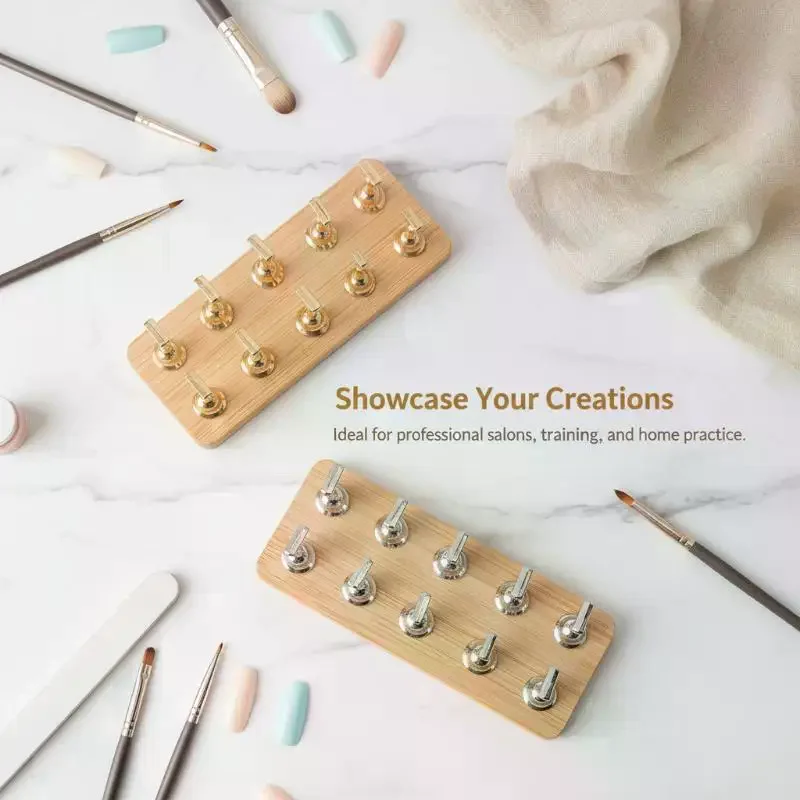 Double Row Magnetic Nail Display Stand Wooden Base UV Gel Nail Practice Holder Salon Tool
