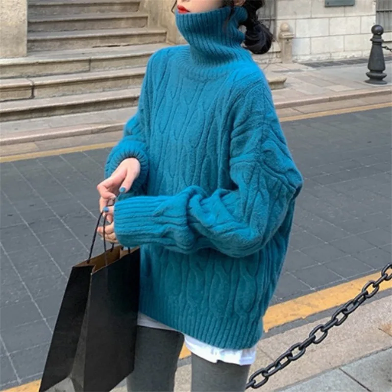 Autumn and Winter 2024 New Style High Neck Fried Dough Twists Sweater Women Loose Thickened Knitwear Solid Color Bottoming E3360