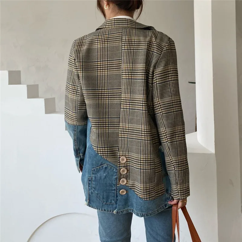 Korean Plaid Suit Collar Blazer Splicing Denim Jacket Women Mid Long Big Pocket Cowboy Outerwear Vintage Jeans Jackets Female