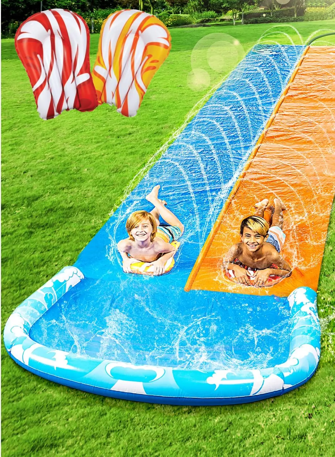 

32.5FT Extra Long Water Slide with 2 Inflatable Boards, Heavy Duty Splash Mat for Kids & Adults, Blue Orange