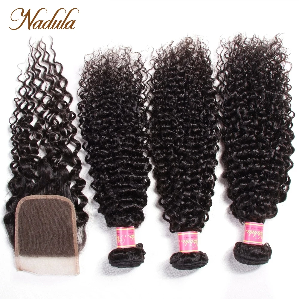 Nadula ผมและปิดอินเดีย Curly Hair 3 ชุดกับ 4*4 ปิดลูกไม้ฟรี/ กลาง/สามส่วน Remy ผม