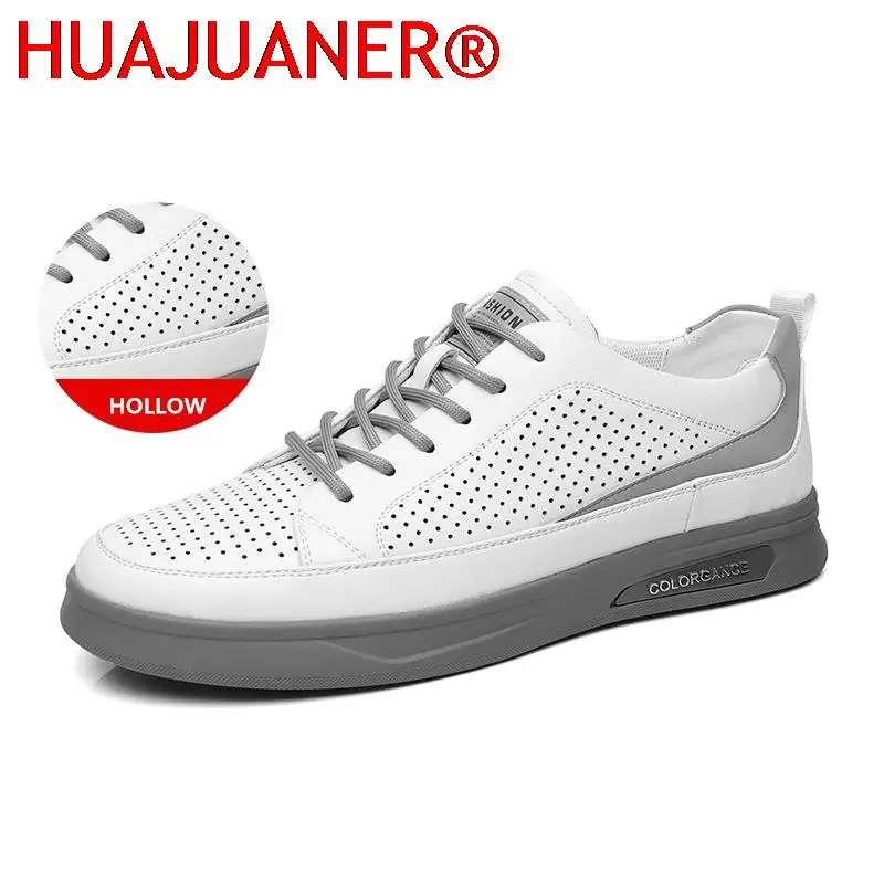 

Men Fashion Sneakers Thick Sole Hollow White Leather Shoes Casual Men Shoes Summer Comfortable Breathable Men Platform Footwear