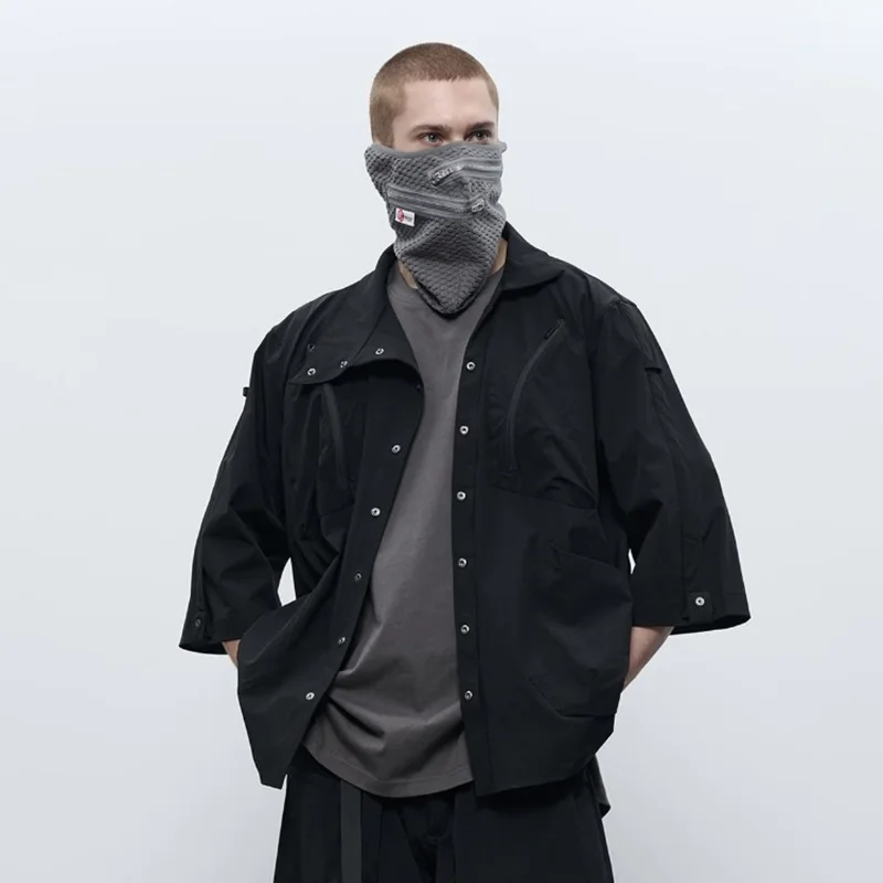 

INCONSTANT J24E-BK Asymmetrical Collar Shirt casual techwear all black darkwear big pocket workwear streetwear