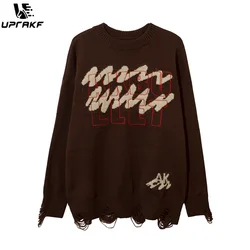 UPRAKF Letter Print Ripped Sweater Autumn Loose Knitted Jumper Winter Fashion Streetwear Pullover Warm Casual