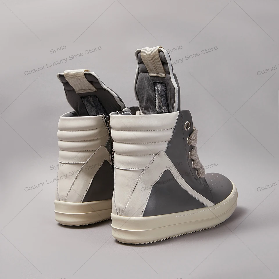 Ricks Shoes Men Casual High Top Owens Women Sneakers Thick Shoelaces Ankle Boots Leather Zip Flat Grey Owens Quality Luxury Shoe