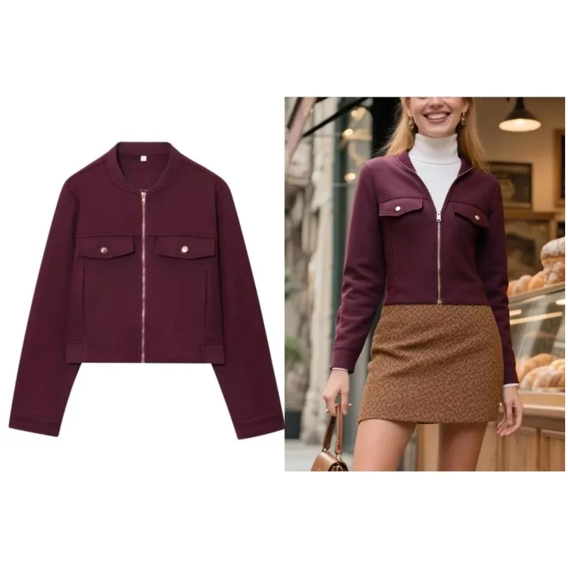 

Women Soft Short Jacket with Zipper Autumn Casual Pocket Turn Down Collar Long Sleeve Women's Coats Female Chic Tops