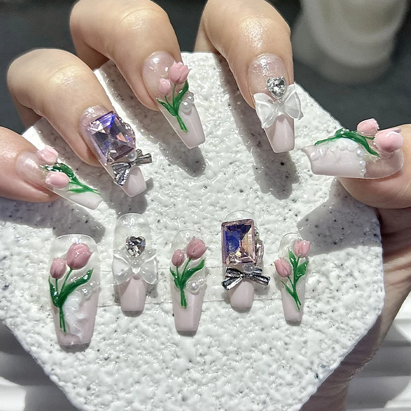 

Handmade French Tip Press On Nails 3D Tulip Flowers Bow Pearls Diamonds Pink Reusable Fake Nails Spring Summer Elegant Nail Art
