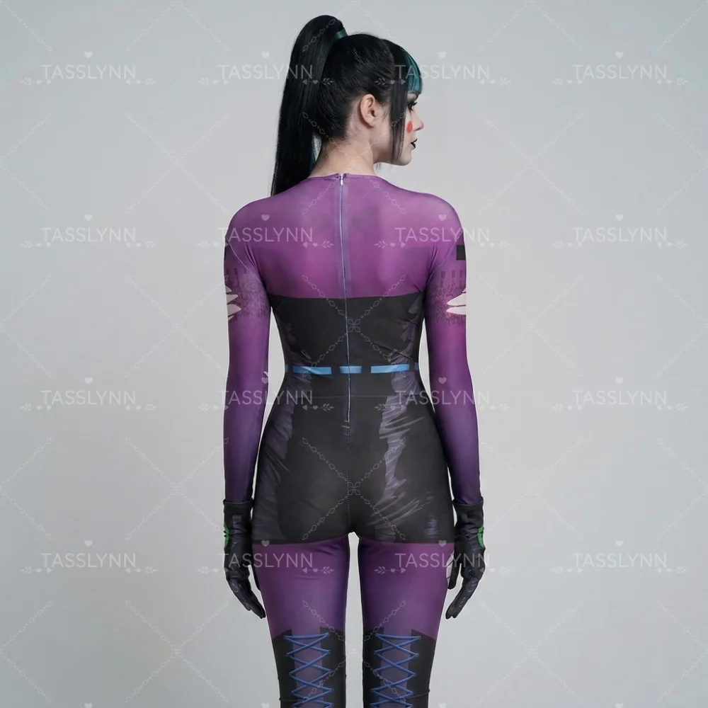 Cyber Punk Clown Girl Punchline Cosplay Zentai Bodysuit Purple Black Print Full Body Jumpsuit Halloween Cos Costume view 4