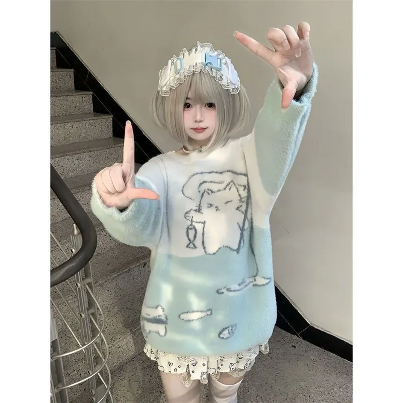 Japanese Subculture Kawaii Anime Print Long-sleeved Knitwear Winter New Blue and White Patchwork Sweater Women's Y2k Preppy Tops