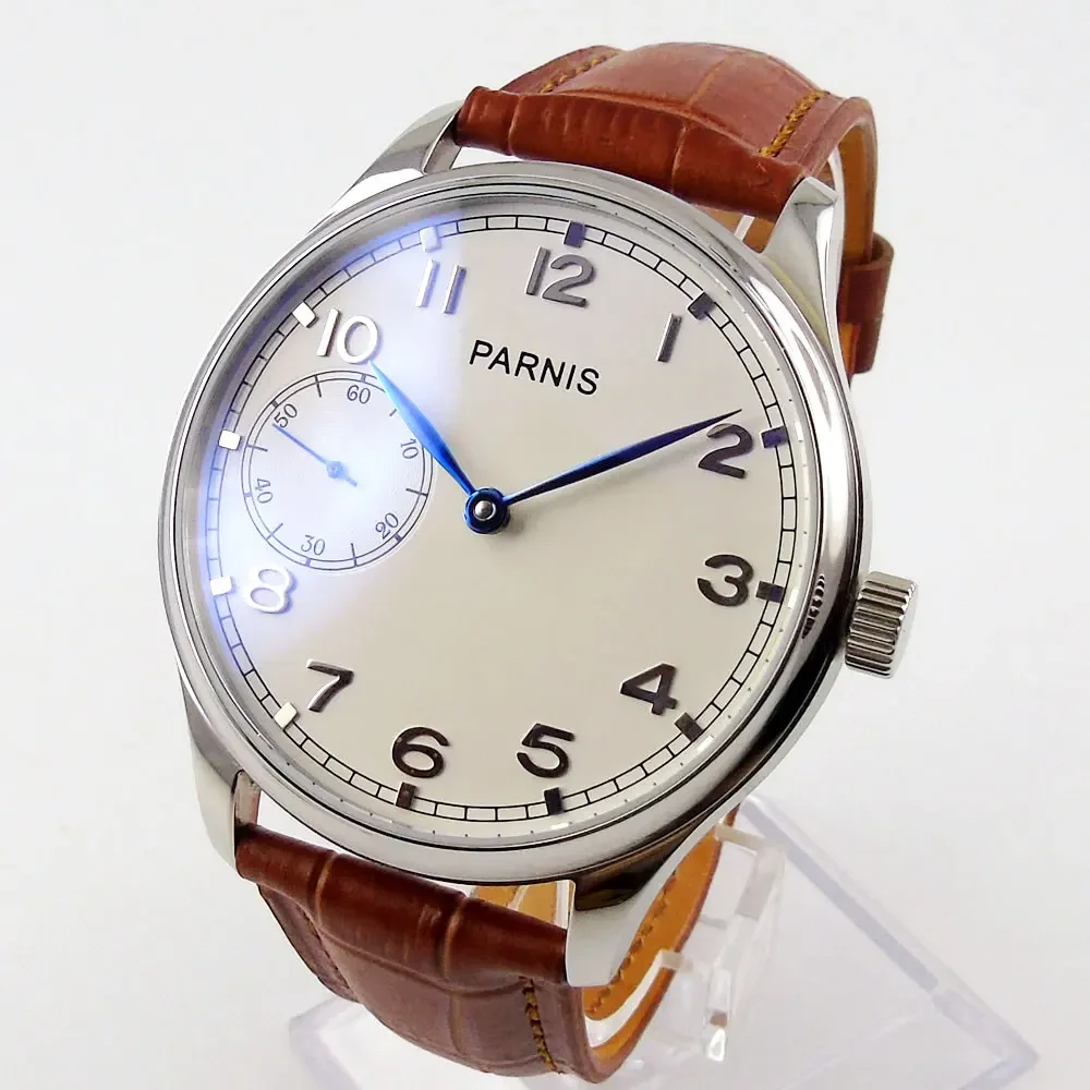 4 Models PARNIS 44mm Mechanical Hand Winding Men's Watch White Dial 6497 Movement Leather Strap