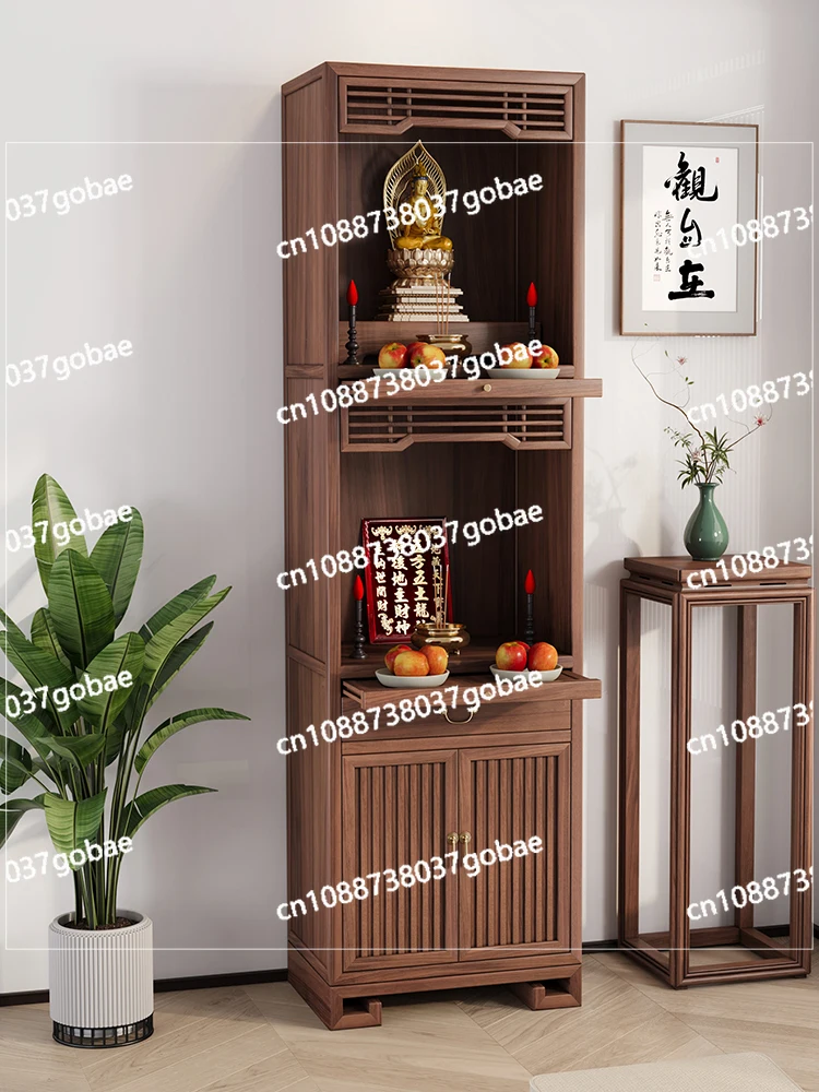 Black Walnut Three-Layer Altar Cabinet with Door Solid Wood Buddha Niche Simple Clothes Closet