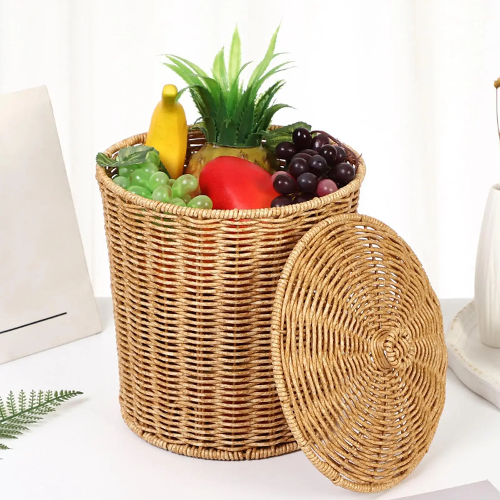 Imitation Rattan Basket with Lid Laundry Hamper Living Room Bedroom Woven Basket