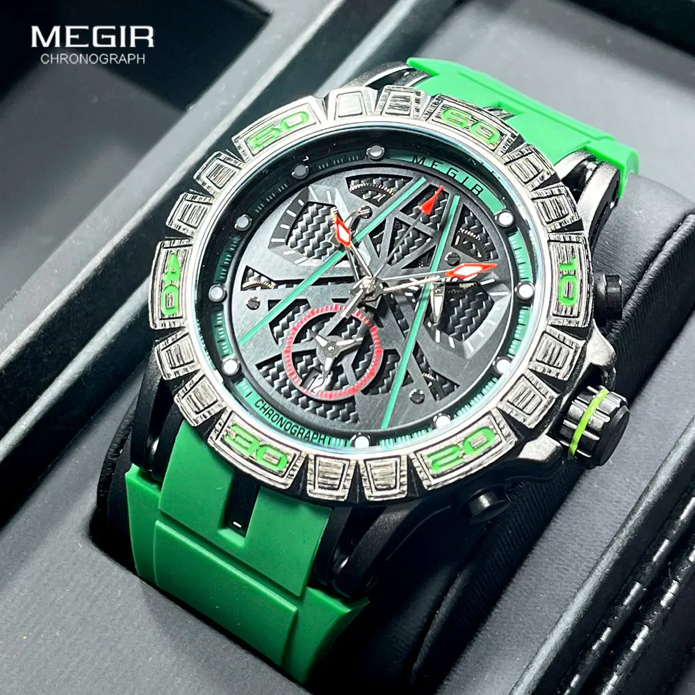 MEGIR Analog Quartz Watch for Men Fashion Silicone Strap Chronograph Waterproof Wristwatch with Auto Date Luminous Hands Green