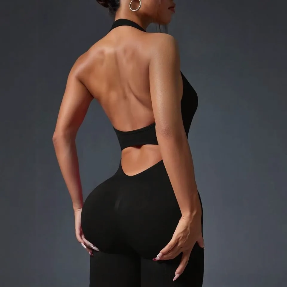 

STOUREG Neck Hanging Back Lifting One-piece Suit Women's Peach Hip Lifting One-piece Fitness Tank Top One-piece Yoga Set