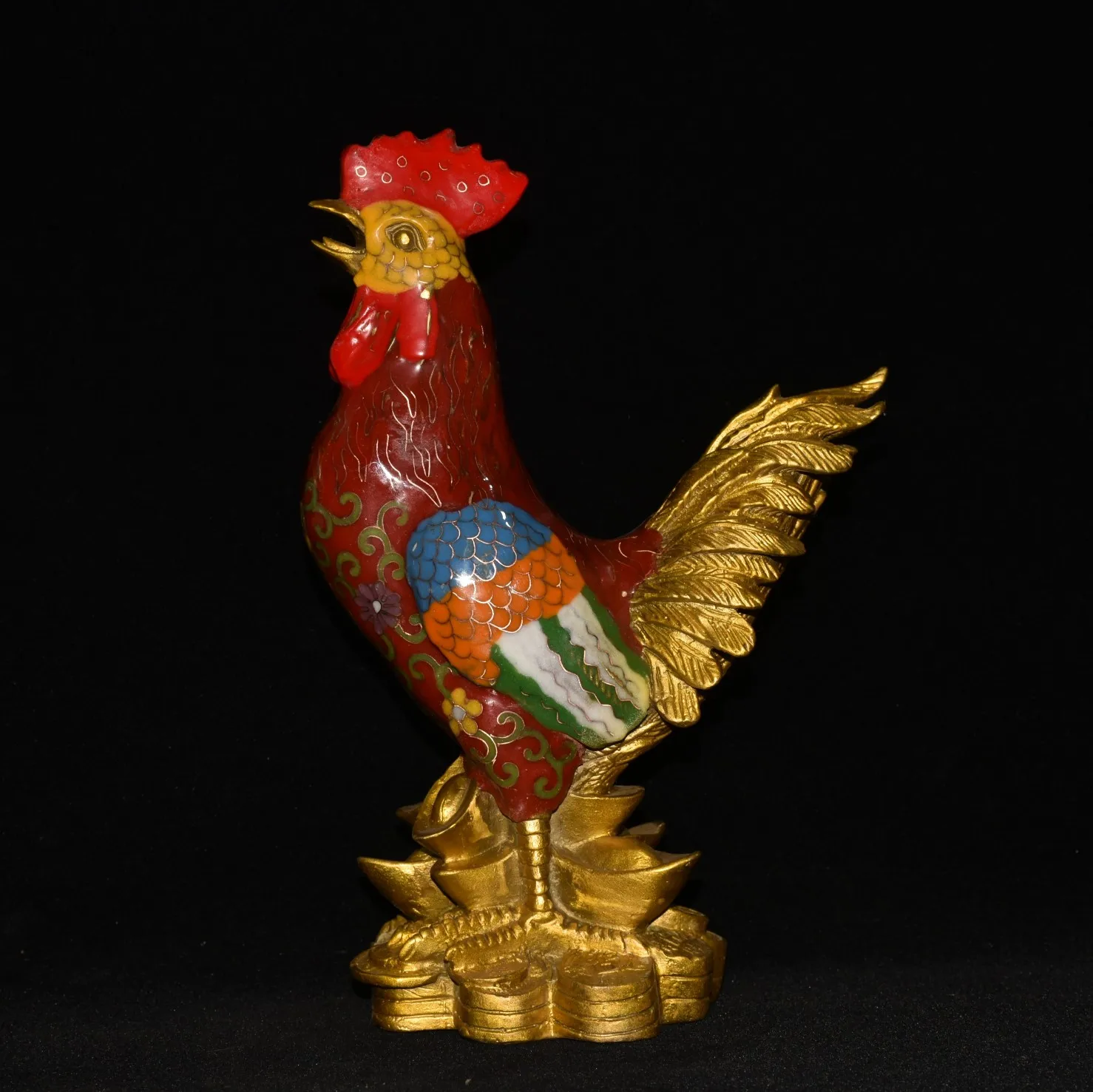 

11"Tibetan Temple Collection Old Bronze Cloisonne Enamel Yuanbao Coins Cock Rooster Statue Amass wealth Ornaments Town house