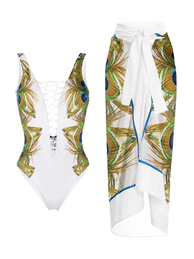 

Fashionable Peacock Feather Print Lace Deep V Sexy Vintage One-piece White Women's Swimsuit And Covere Up New 2023 Summer New