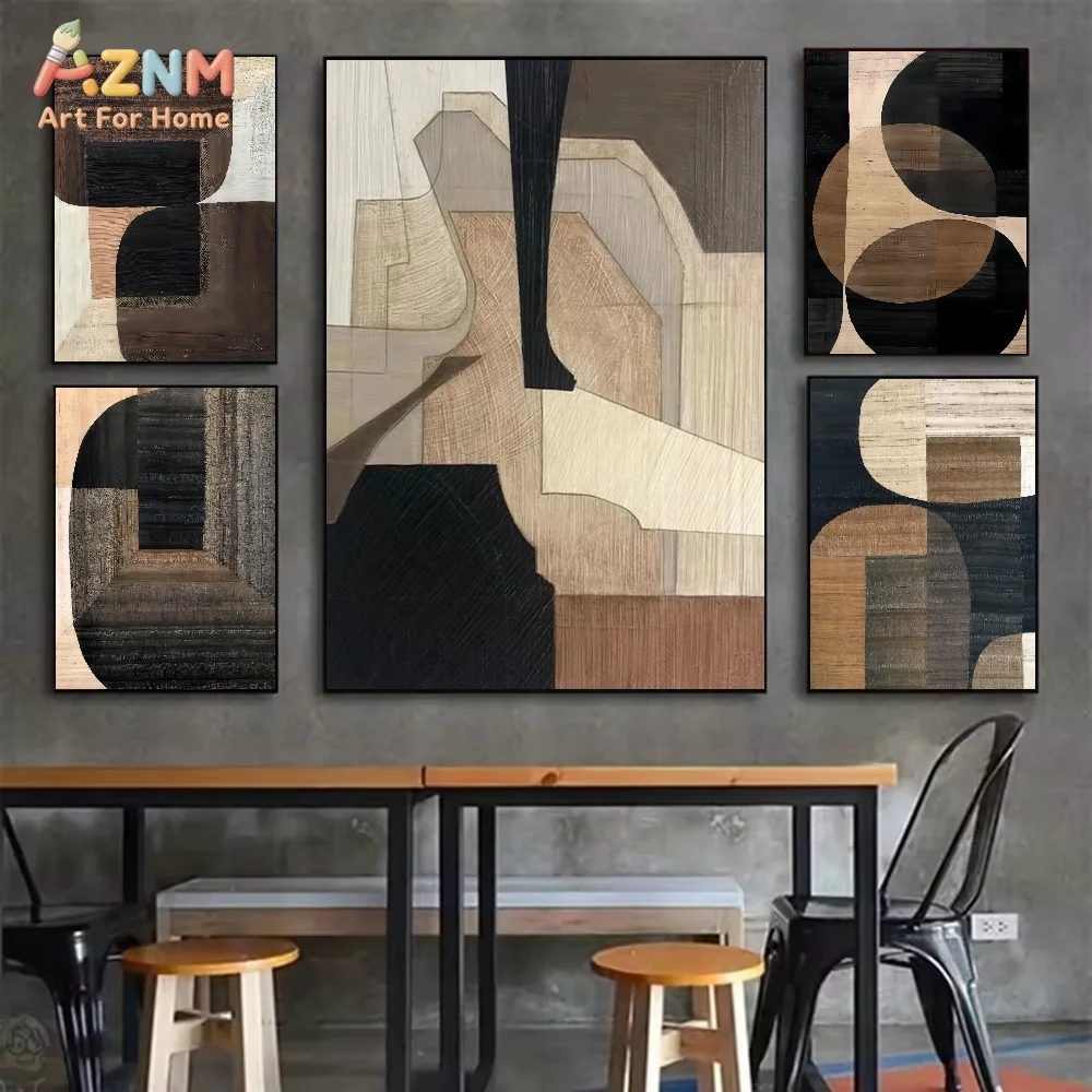 AZNM Neutral Brown Black Geometric Abstract Canvas Print Textured Block Shape Minimalist Modern Living Room Wall Poster Unframed