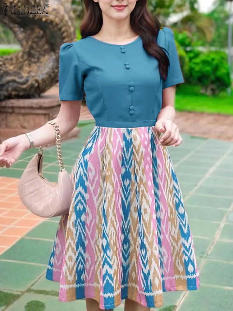 ZANZEA-Vestidos elegantes con estampado de Ikat para mujer, Vestidos de retazos de verano con cuello redondo y manga corta, Vestidos acampanados a la moda hasta la rodilla para mujer