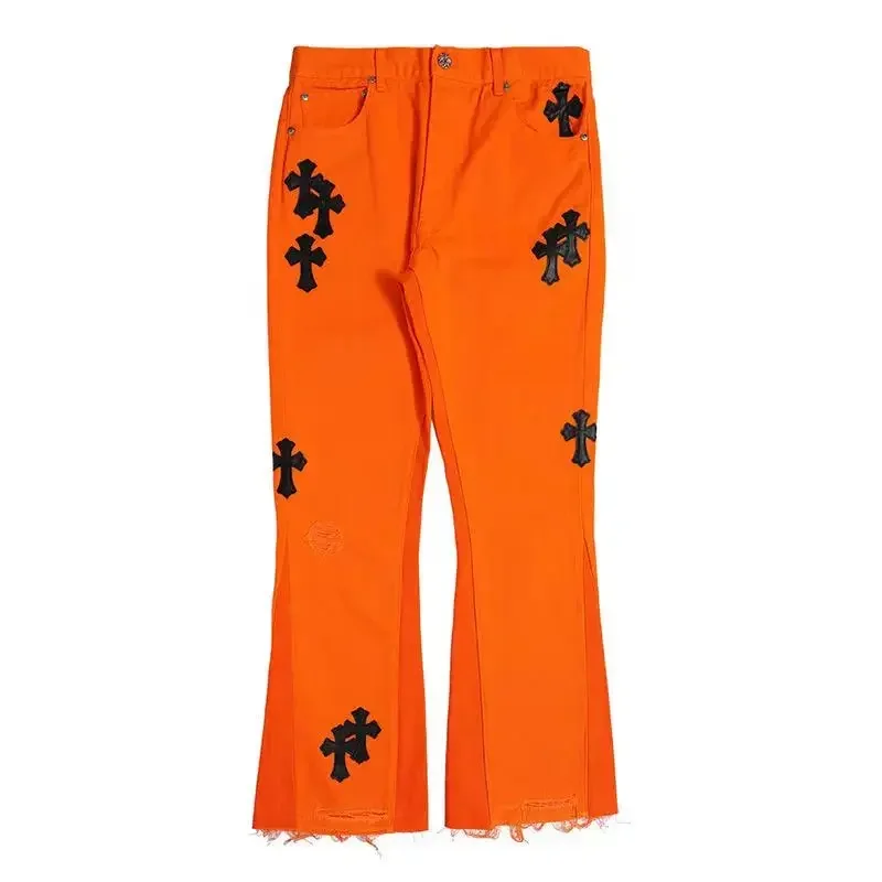 Autumn and winter 2020 new cross embroidered silver button orange jeans flared pants