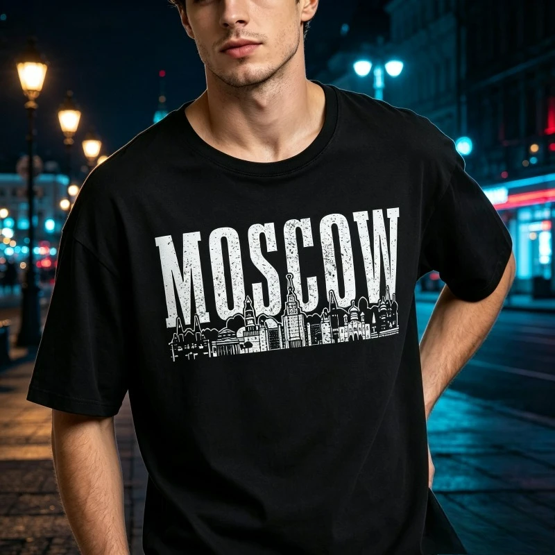 MOSCOW City Skyline Print Men T-Shirt 100% Cotton Short Sleeve Vintage Moscow Lettering Graphic Tee for Travel City Streetwear
