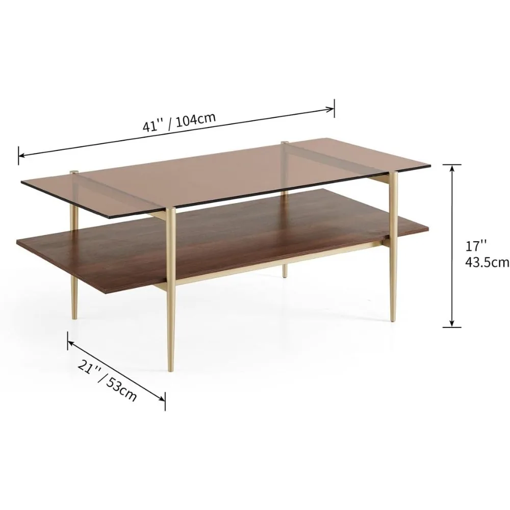 طاولة قهوة زجاجية بطبقة مزدوجة من Saint Mossi Tadio لغرفة المعيشة، زجاج بني ورف سفلي من MDF باللون البني #2