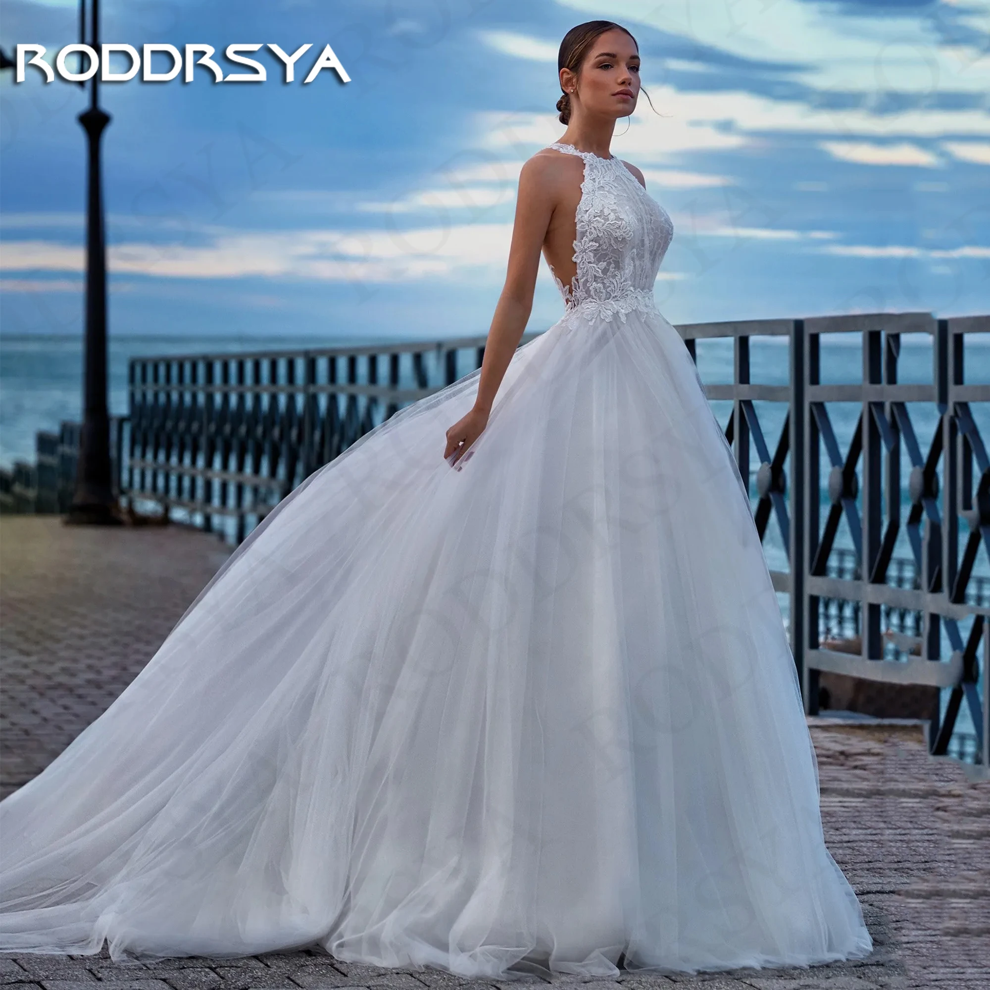 RODDRSYA Sleeveless Illusion Back Wedding Dress Charming Boho Lace O-Neck A Line Bridal Dresses brautkleid Tulle Beach Women