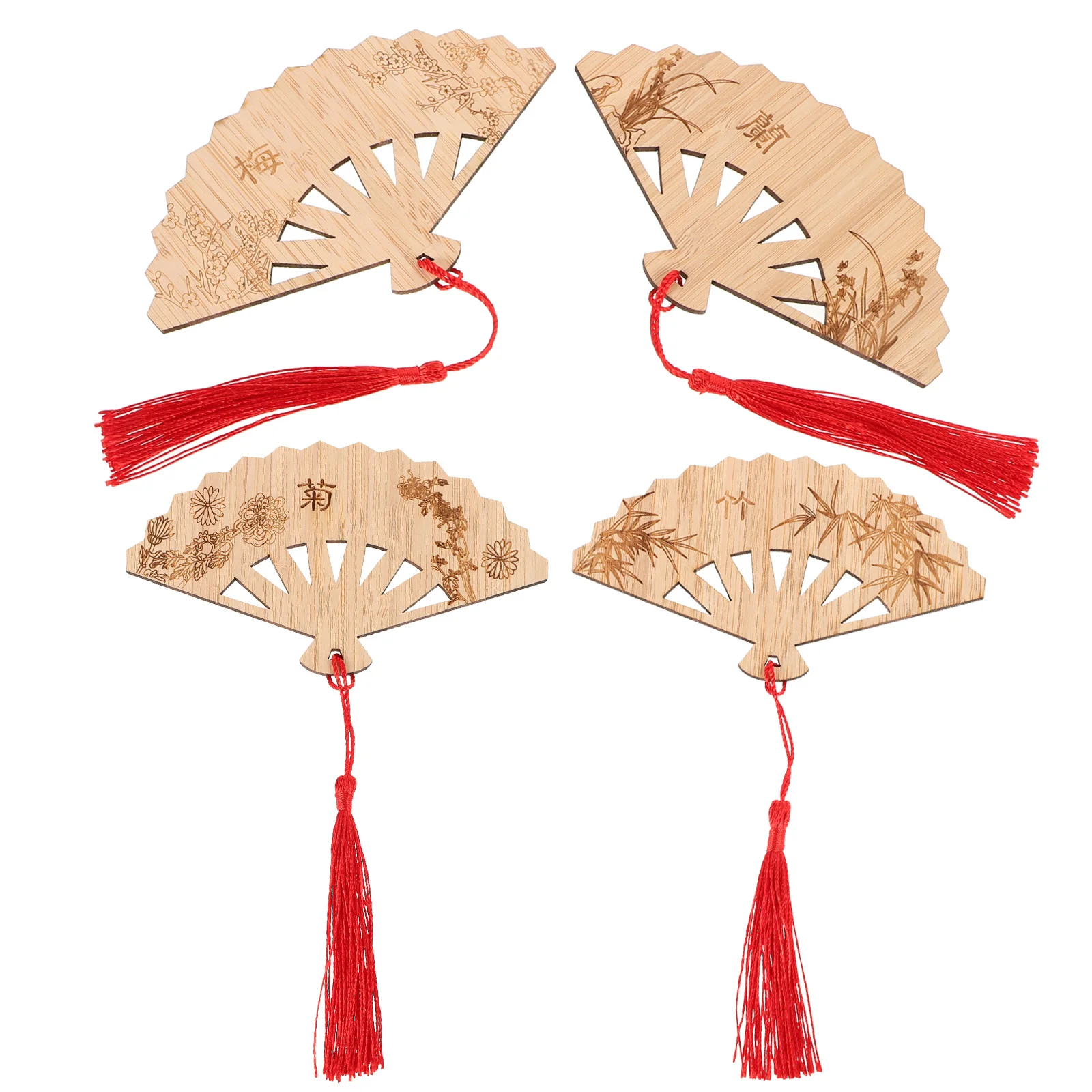 

4Pcs Bamboo Bookmark Classical Fan Design Tassel Chinese Plant Motifs Vintage Craft Book Reading Accessories Gift