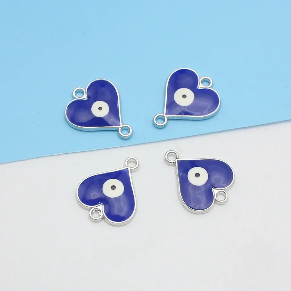 4Pcs Blue Devil's Eye Korean Love Heart Double Hole Pendant Charm for Earring Bracelet Making DIY Jewelry Accessory Finding