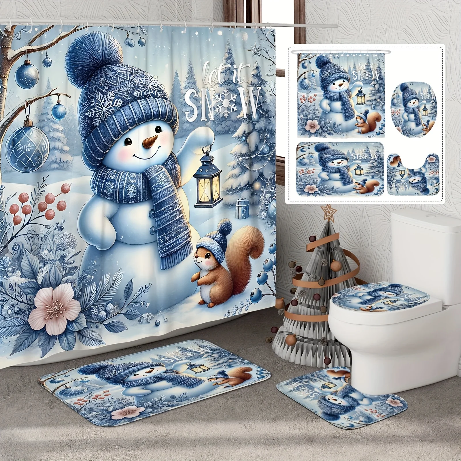 

4 шт., рождественский зимний душевой набор, снеговик, рождественский шар, белка, милый синий, праздничный декор для ванны, 12 крючков, нескользящий коврик, U-образный чехол для унитаза