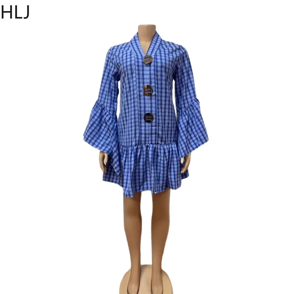 HLJ rétro mode damier imprimé Patchwork chemise t-shirt pour femme col en V manches longues robes amples femme fête nuit anniversaire