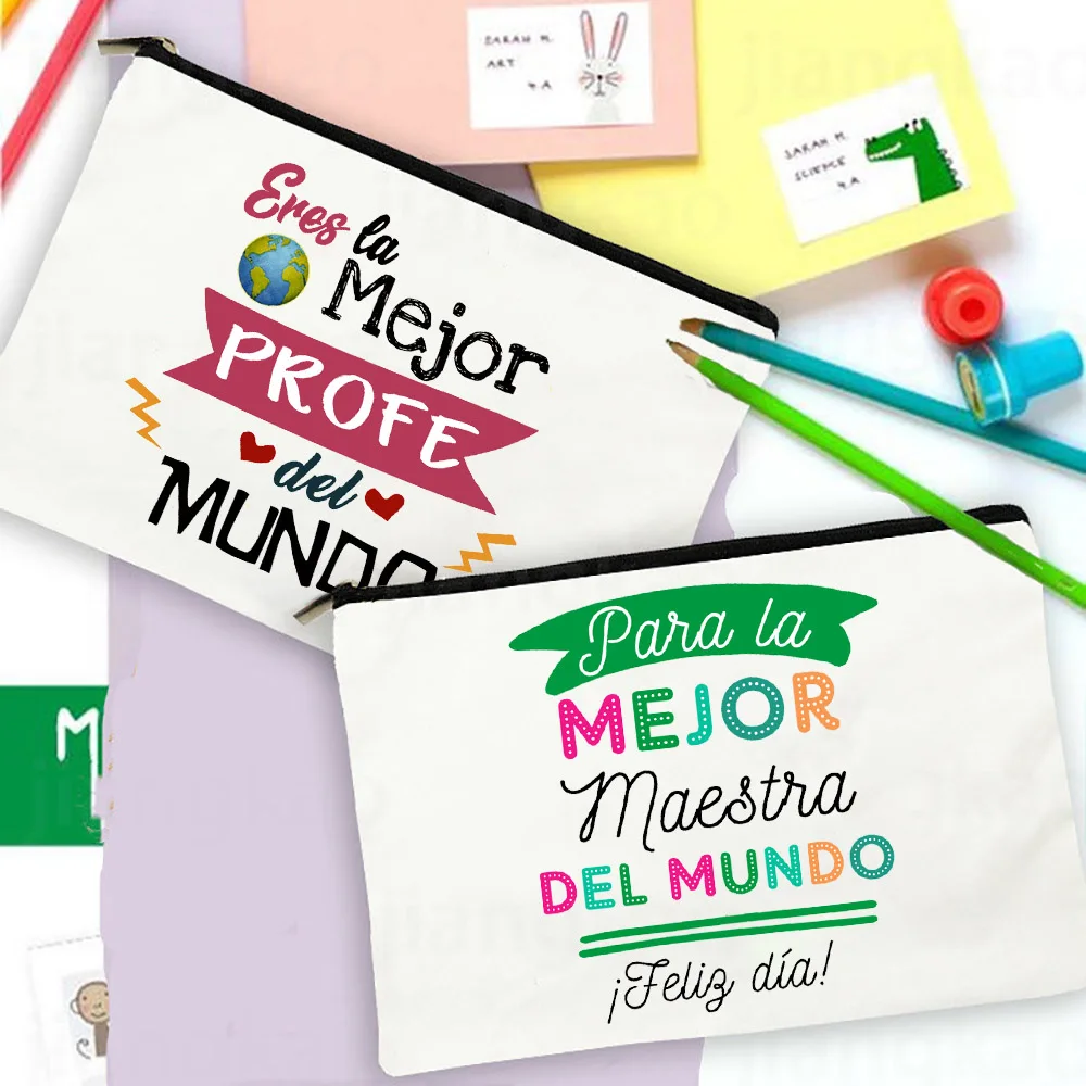 

Best Teacher in The World Spanish Print Pencil Case School Stationery Storage Bags Travel Toiletry Makeup Bag Gifts for Teacher