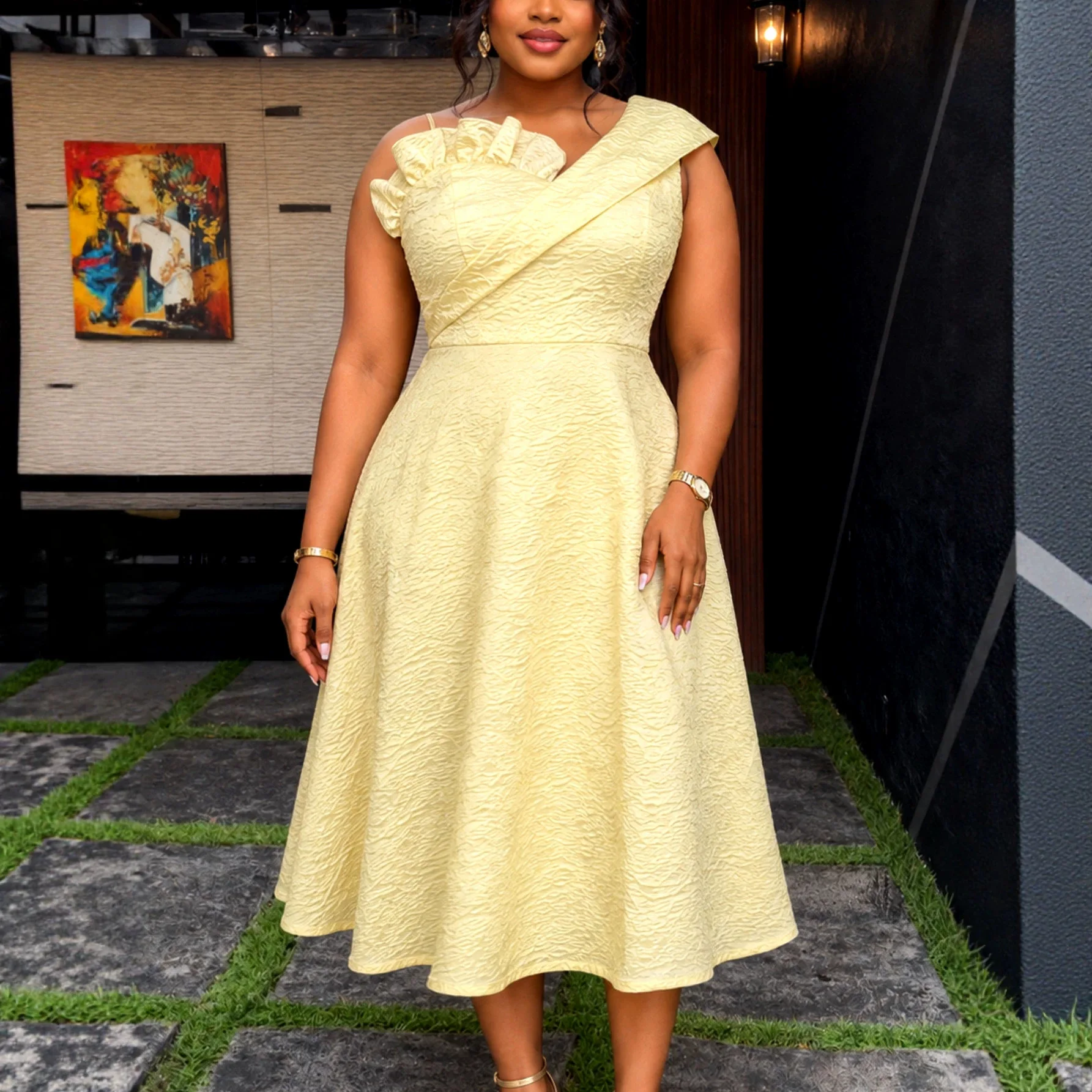 African Dresses for Women Jacquard A Line Slant Collar Party Event Wedding Guest Birthday Occasion Female Gowns Africa Clothing