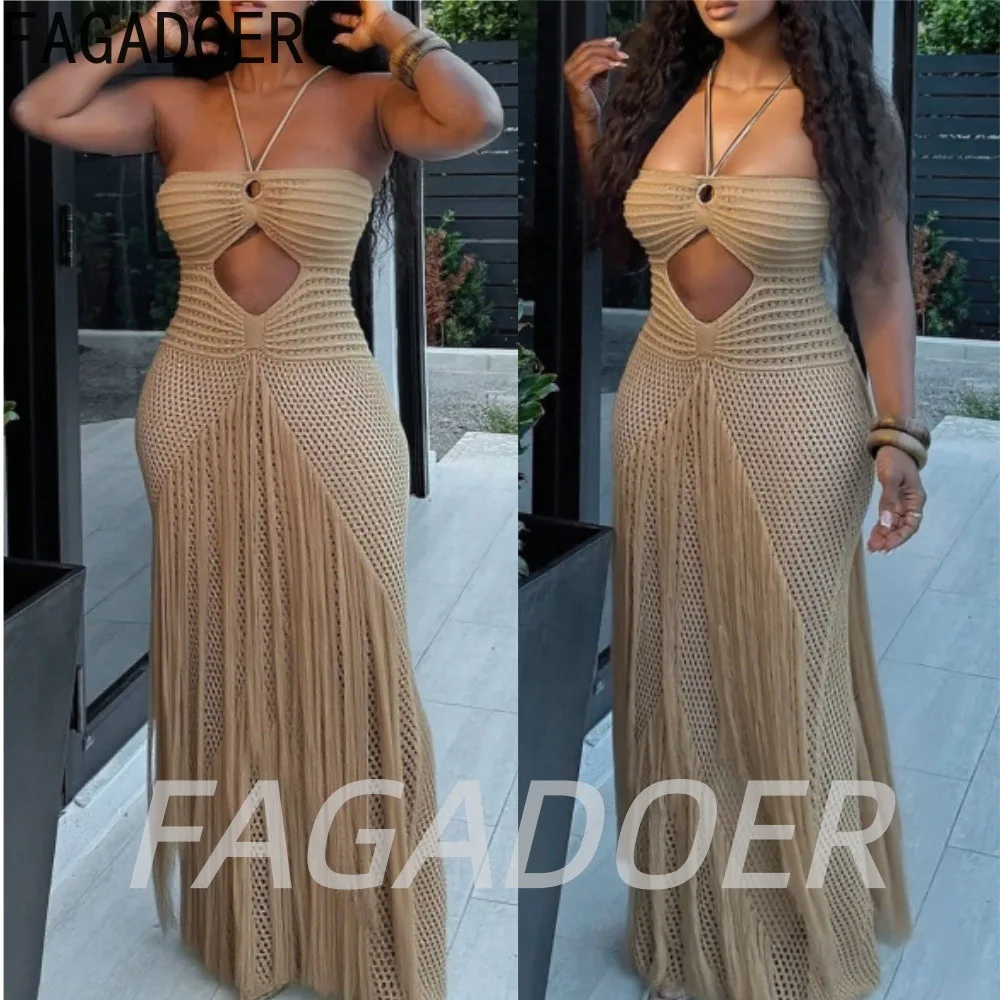 

FAGADOER Sexy Hollow Out Kintting Long Dress See Through Crochet Lace-up Bandage Fringed Tube Dress Women Beachwear Vestidos