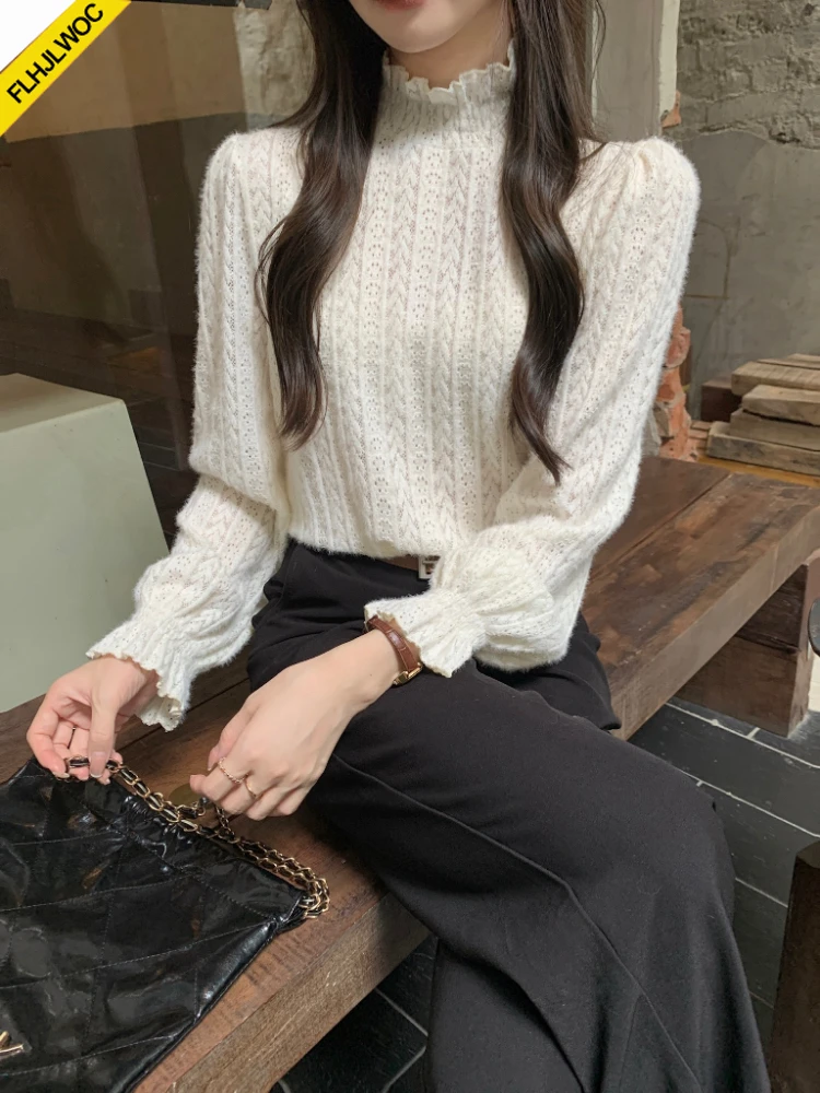 

Half Turtleneck Tops Blouses New Design Women Long Sleeve Solid Hollow Out Lace Shirts Autumn Winter Basic Wear Clothes
