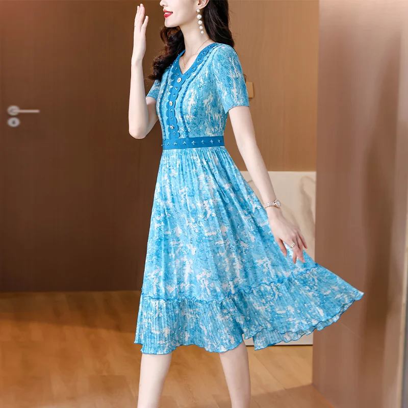 Folds 2024 Summer New Dress Fashion Floral Skirt Seven-point Sleeve Print Skirt Matching Everything