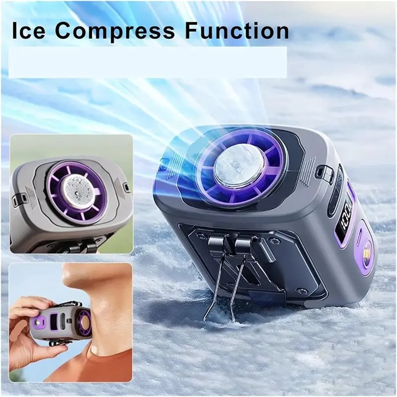BABZ USB Powered Portable Waist Fan Mini Ice Cooling Neck Fan with 100 Gear LED Light Hanging Design Outdoor Cold Air